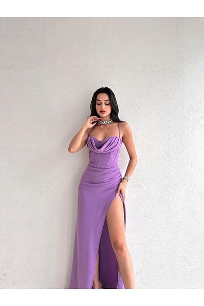 MİSSCİXFASHİON Photos Are RenewedCorset-Shaped Back Low-Cut Deep Slit Thin Strap Midi Purple Dress