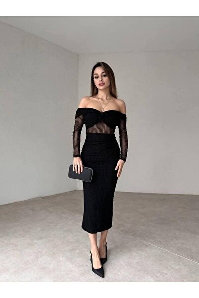 Misscix Kadın Abiye Tül İşlemeli Transparan Göbek Detaylı Midi Elbise - Abiye & Mezunyet Elbisesi