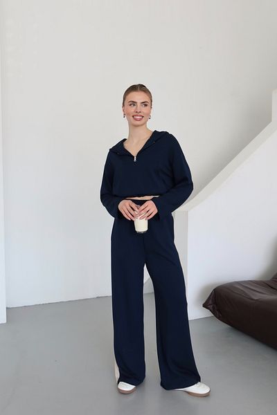 Laluvia Navy Blue Hooded Garnished Suit - 8569