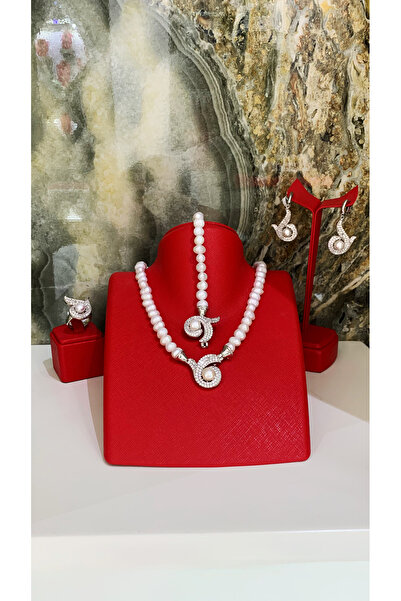 TRİA SİLVER Gerçek Kültür İncili 925 Ayar Gümüş Zirkon Taşlı İnci Set - Kolye Bileklik Küpe Yüzük