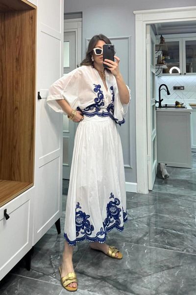Banu Angay White-Blue Embroidered Shirt Skirt Set