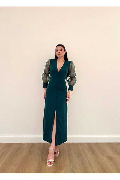 MİSSCİXFASHİON Women's Evening Dress Tulle Transparent Sleeve Detail Front Slit Buttoned Midi Dress Evening Dress & Graduation Dress