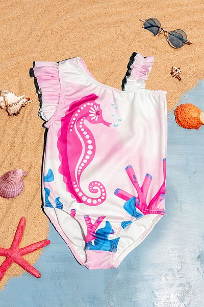 Beniizle One Shoulder Sea Horse Patterned Girl's Swimsuit with Ruffle Detail