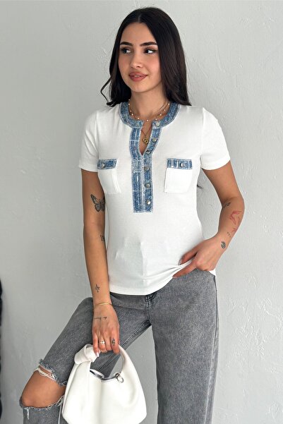 FEMELLE Γυναικεία λευκή τζιν μπλούζα με λεπτομέρεια παγιέτα κεντημένη 100% βαμβακερή κοντομάνικη πλεκτή μπλούζα
