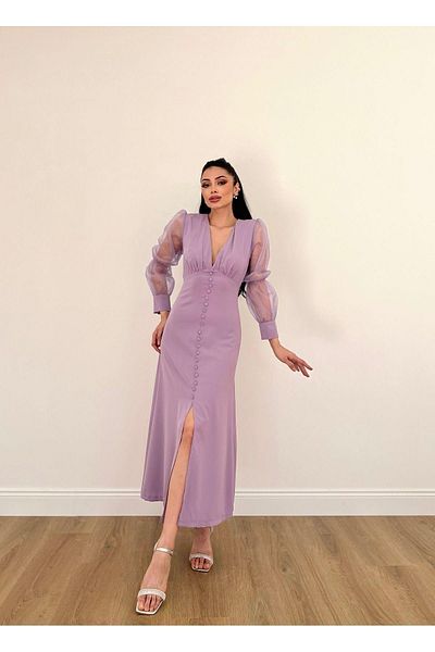 MİSSCİXFASHİON Women's Evening Dress Tulle Transparent Sleeve Detail Front Slit Buttoned Midi Dress Evening Dress & Graduation Dress