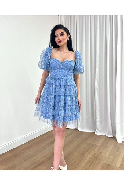 MİSSCİXFASHİON Evening Dress Short Tulle Detachable Balloon Sleeve Fold Detailed Strapless Mini Dress Evening Dress & Graduation Dress