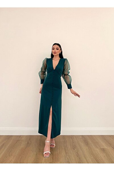 MİSSCİXFASHİON Dámské večerní šaty Tyl s průhledným rukávem Detail předního rozparku Midi šaty s knoflíkem Večerní šaty a promoce