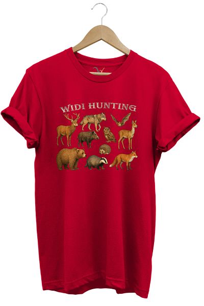 WİDİ Widi Hunting Wilderness Deer Bear Wolf Printed 100% Cotton Regular Fit Crew Neck Red T-Shirt