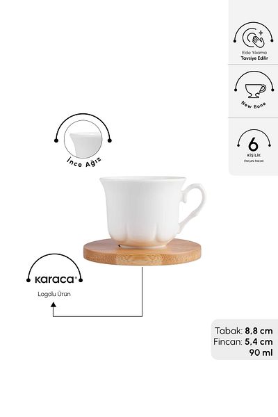 Karaca 6-Person Coffee Cup with Bamboo Tray 90 ml