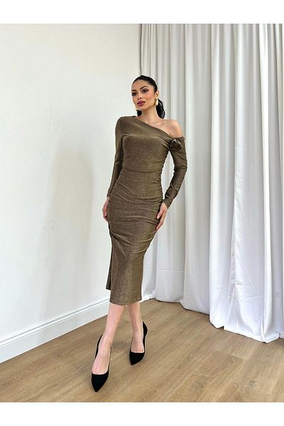 MİSSCİXFASHİON Women's Midi Bodycon Dress Removable Rose Detail Cross Collar Glitter Evening Dress & Graduation Dress