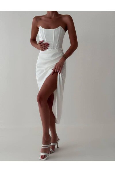 Misscix Kadın Abiye Straplez Yırtmaçlı Beli Drapeli Midi Elbise - Abiye & Mezuniyet Elbisesi