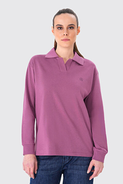 UNIQVIBE Polo Yaka %100 Organik Pamuk Kadın Mor Uzun Kollu Tişört