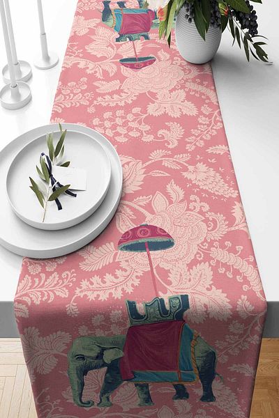 Pilloveland Runner Indian Elephant με μοτίβο σουέντ ύφανση 140*40 cm - Powder Pink