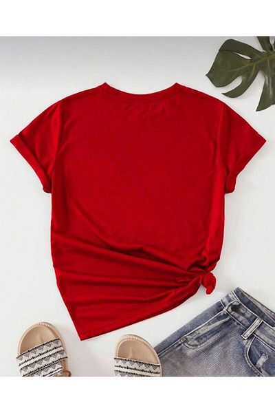 khufu Unisex Oversize Heart Rhythm Printed Red T-Shirt
