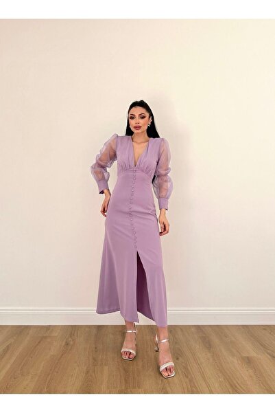 MİSSCİXFASHİON Dámské večerní šaty Tyl s průhledným rukávem Detail předního rozparku Midi šaty s knoflíkem Večerní šaty a promoce