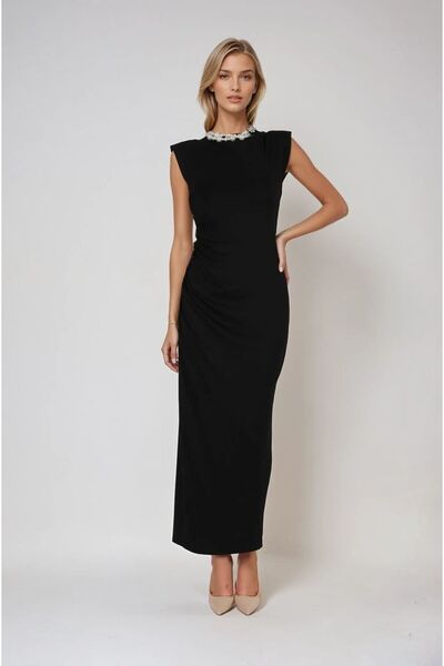 FABB Rochie neagră cu spatele deschis și talie adunată