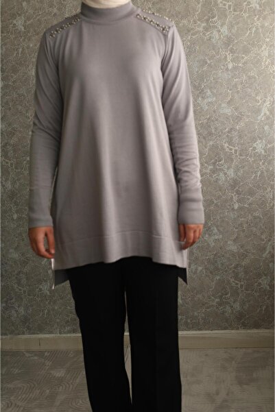 Belgin omzu boncuk detaylı triko tunik