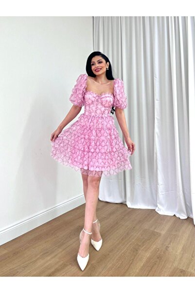 MİSSCİXFASHİON Estélyi ruha rövid tüll levehető ballon ujjú, összehajtható, pánt nélküli miniruha estélyi ruha és ballagási ruha