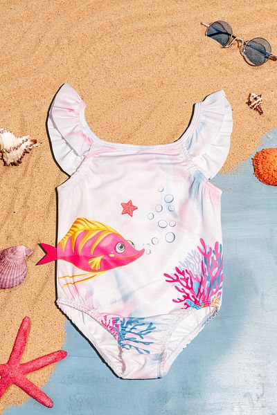 Beniizle Fish Patterned Shoulder Ruffle Detailed Girl's Swimsuit