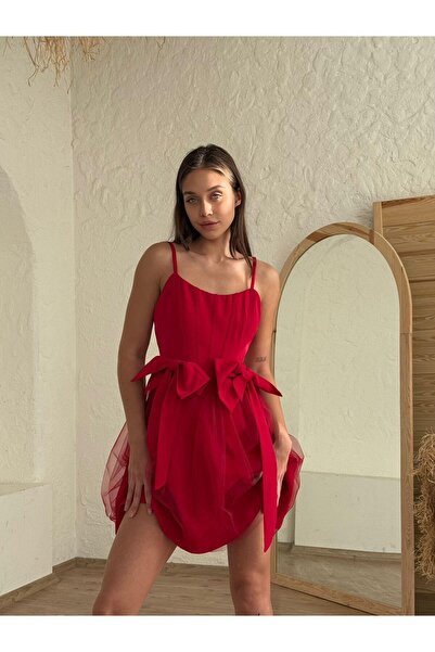 Misscix Kadın Abiye Tül Etekli Beli Çift Fiyonk Kurdelalı İnce Askılı Mini Elbise Abiye & Mezuniyet Elbisesi