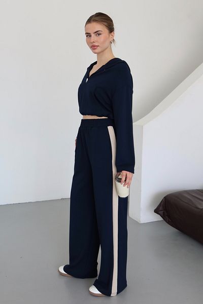 Laluvia Navy Blue Hooded Garnished Suit - 8569