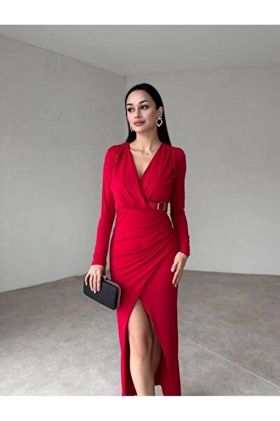 Misscix Kadın Abiye Derin Degaje Yaka Likralı Kemer Detaylı Bodycon Maxi Elbise - Abiye & Mezuniyet Elbisesi