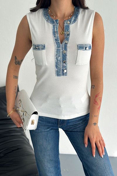 FEMELLE Women's White Denim Detailed Sequin Embroidered 100% Cotton Sleeveless Knitwear Blouse