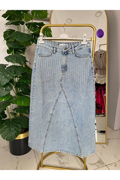 Anka Taş işlemeli kot etek