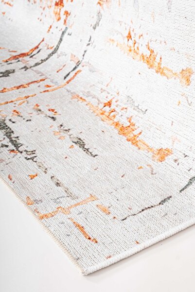 Serente Home Classic Patterned Washable Non-Slip Base Chenille Cream Orange Brown Kitchen Carpet 4145