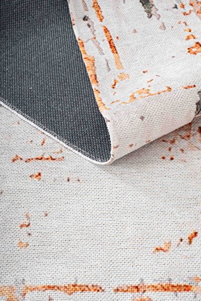 Serente Home Classic Patterned Washable Non-Slip Base Chenille Cream Orange Brown Kitchen Carpet 4145