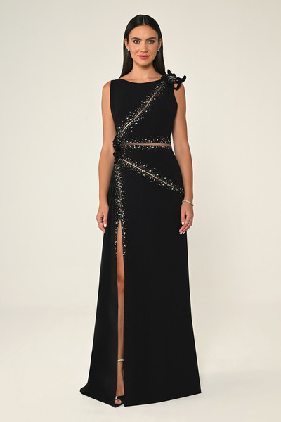 ALFABETA Çiçek ve Taş Aksesuarlı Yırtmaçlı Uzun Abiye Elbise Alfa Beta