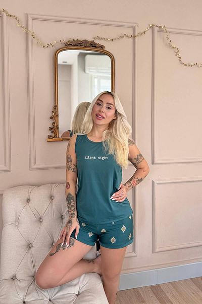 Pijamaevi Emerald Silent Patterned Knitted Women's Pajama Set with Zero Sleeve Shorts