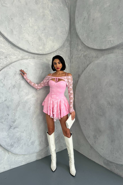 XXL BUTİK kadın pembe dantel detaylı mini elbise