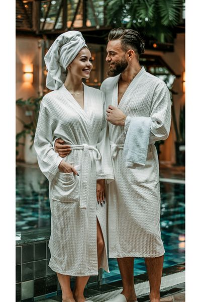 Valeria Anton Set de 2 halate de baie albe Waffle