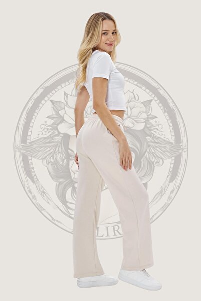 Hney Krem Rengi Modal Kumaş Geniş Paça Kadın Palazzo Eşofman Altı Iki Cepli, Yüksek Bel, Spor Ve Günlük