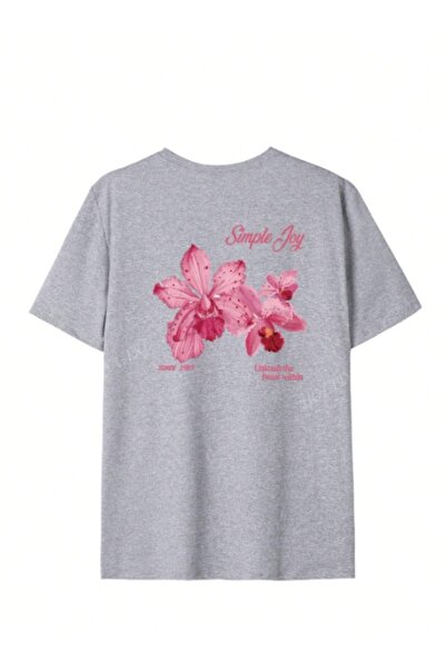 MOONBULL Women's Simple Joy Pink Flower Back Printed Oversize T-Shirt