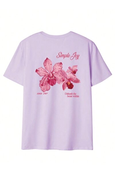 MOONBULL Women's Simple Joy Pink Flower Back Printed Oversize T-Shirt