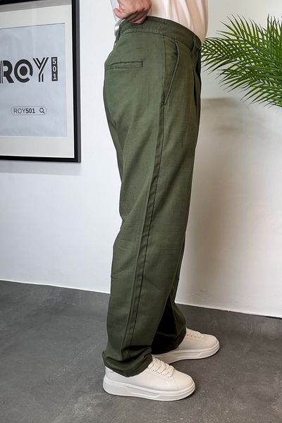ROY501 Baggy Linen Pants Comfortable Fit Pleated Waist Drawstring Elastic Waist Men Linen Pants