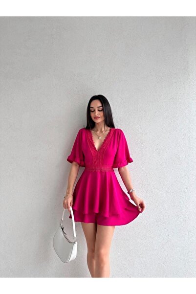 MİSSCİXFASHİON Kadın Abiye Tulum Güpür Detaylı Derin V Yakalı Sırt Dekolteli ...