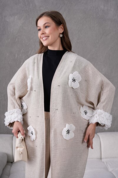 Miss Allos Women's Front Floral Embroidered Stone Detailed Linen Kimono and Pants Bottom Top Set