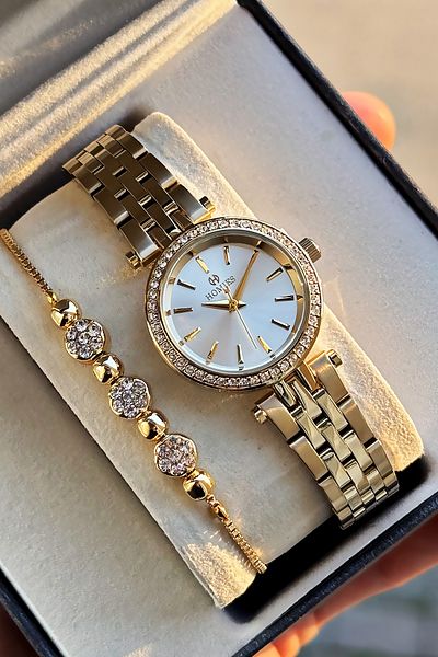 Homies Special Boxed Stone Women's Wristwatch Waterproof Gold Color Steel Cord Gift Bracelet Hmby2054C3