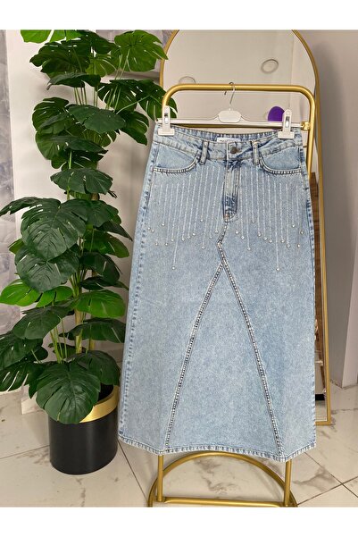 Anka Taş işlemeli kot etek