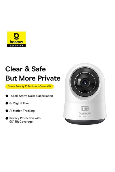 Baseus Security P1 Pro Indoor 3K Wi-Fi Camera with AI Detection, 360 Pan, Night Vision