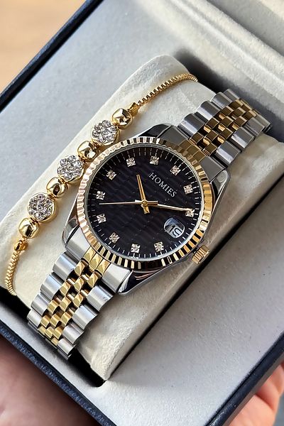 Homies Special Boxed Women's Wristwatch Waterproof Gold Silver Black Steel Band Gift Bracelet Hmby2053C1