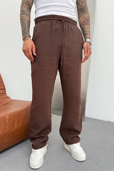 MADZEYMODA Ανδρικό φαρδύ φαρδύ ελαστικό ύφασμα μουσελίνας στη μέση Καφέ παντελόνι Jogger KE-7009