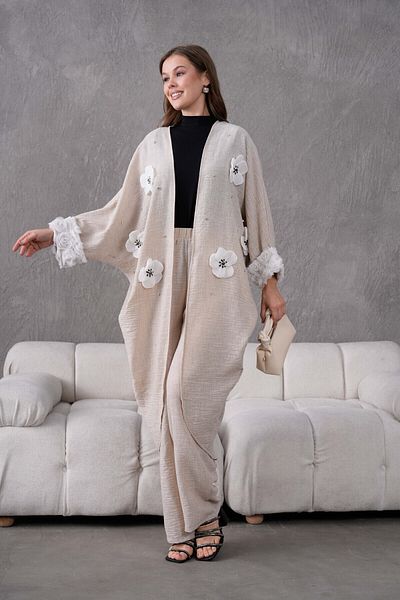 Miss Allos Women's Front Floral Embroidered Stone Detailed Linen Kimono and Pants Bottom Top Set