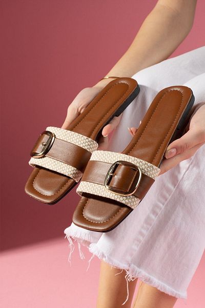 FUGA MODA Παντόφλες Orsato καρό μαύρισμα με ψάθινη ζώνη με χρυσή αγκράφα