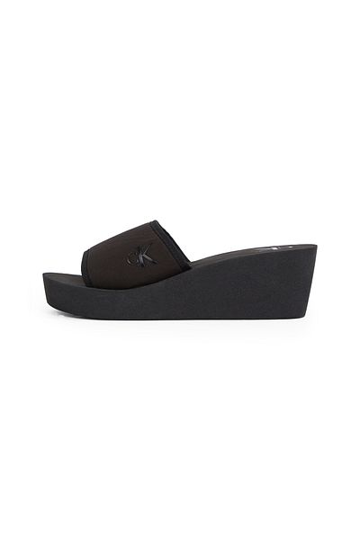 Calvin Klein Women Triple Black Beach Canvas Platform Wedge Sliders