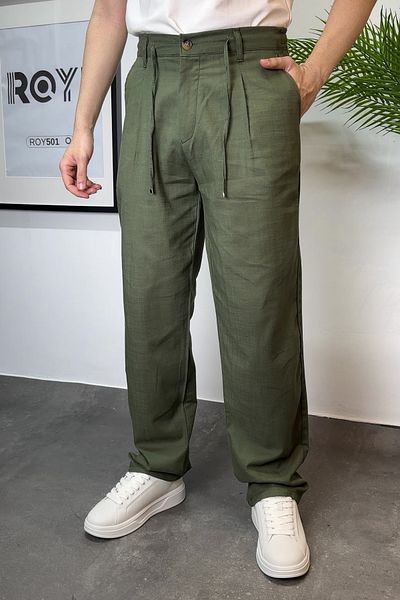 ROY501 Baggy Linen Pants Comfortable Fit Pleated Waist Drawstring Elastic Waist Men Linen Pants