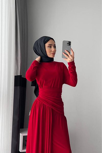 XXL BUTİK فستان إسلامي من الليكرا الأحمر للنساء